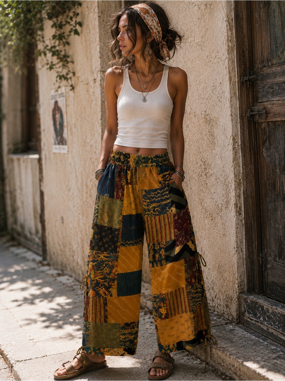 79🌟 POL Patchwork Wide Leg Cargo Pants Boho Festival Tie Hem Artisan Small